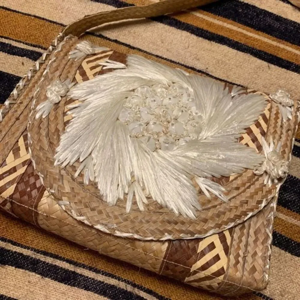 Vintage Woven Shoulder Bag Tropical Floral‎ Raffia Beachy Boho Bohemian Brown